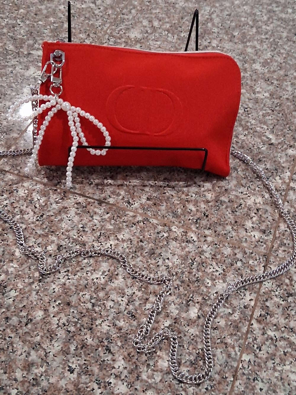 Christian Dior GWP Red Canvas Women's Added  Crossbody Clutch with Pearl Charm.